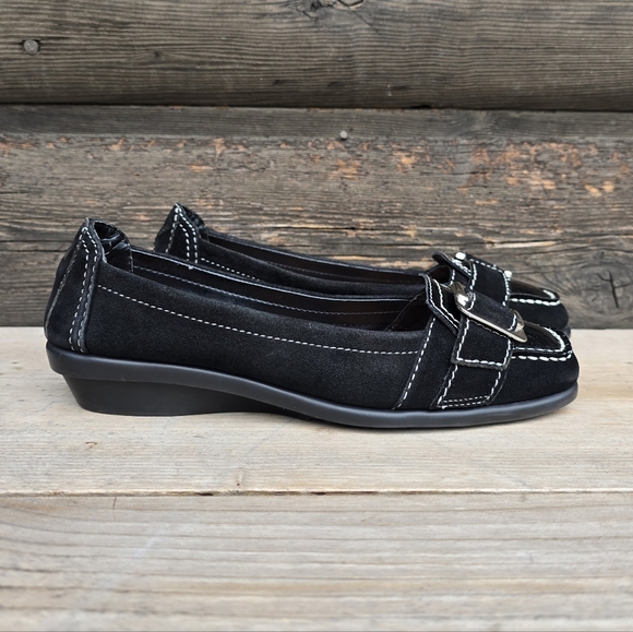 AEROSOLES NEW!! Black Suede, Sqaure Toe, Comfort, Wedge Loafer WMS 6M - Picture 3 of 16